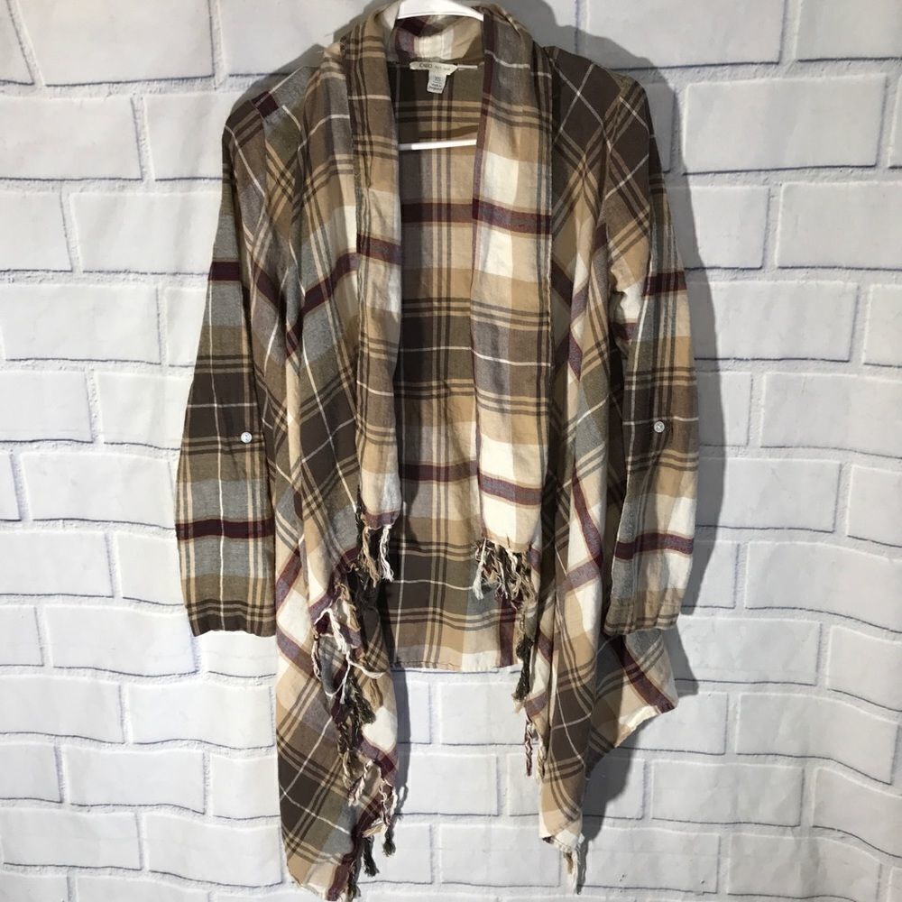 Cato Size XS Plaid Roll Tab Sleeve Open Front Shirt Brown Plaid Shrug Top